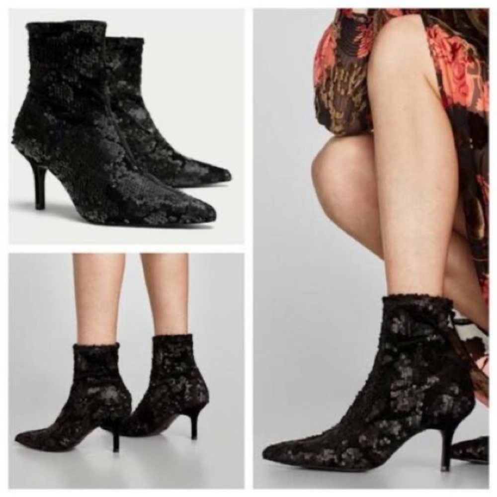Zara Sequin Fabric / Velvet Ankle Boots - Black